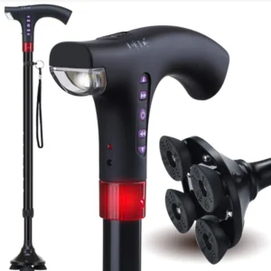 Bastón Inteligente ajustable de aluminio con luz LED, Linterna, Alarma y Radio